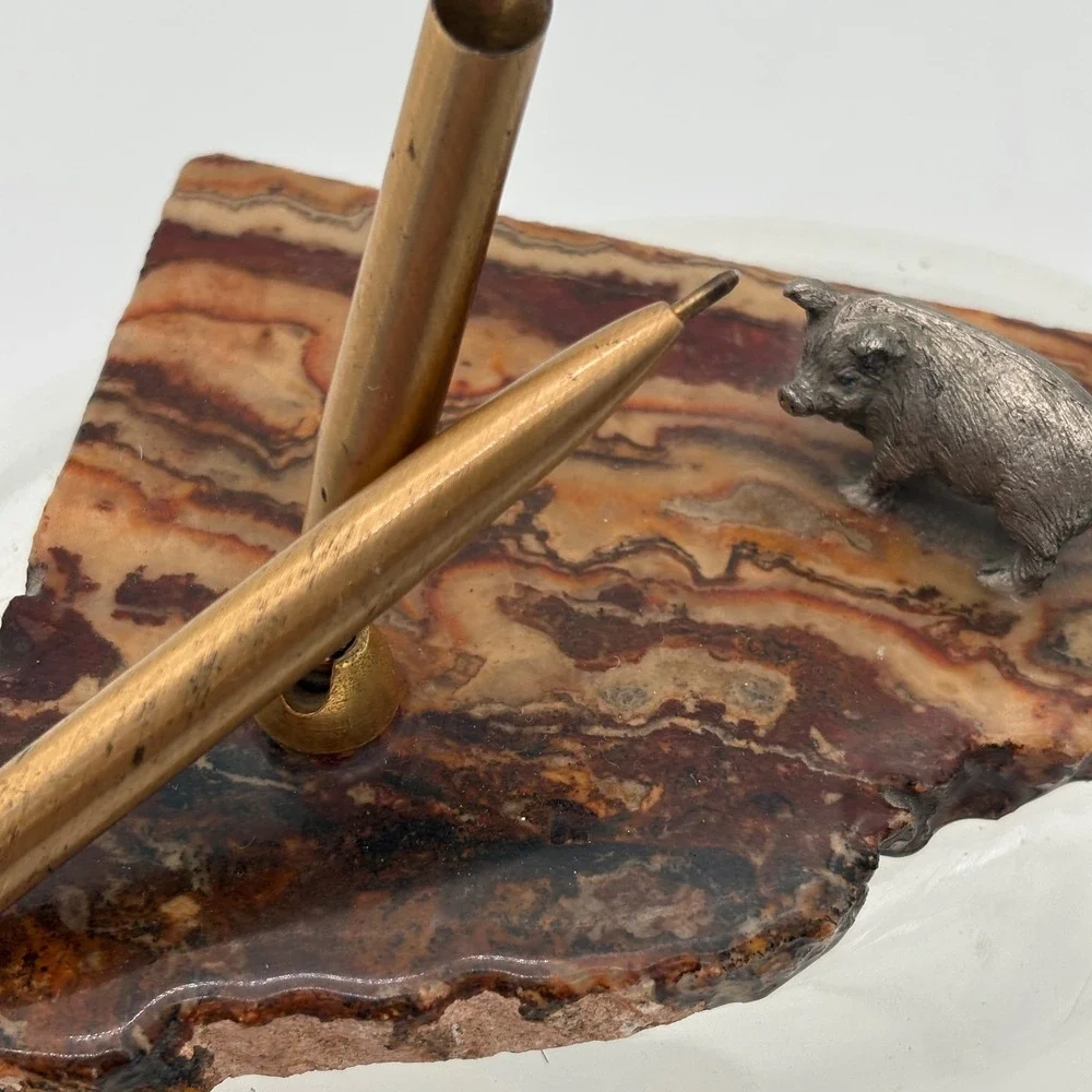 Vintage MCM Stone Slab Desk Pen Holder Metal Pig‎ pork farm animal butcher Agate